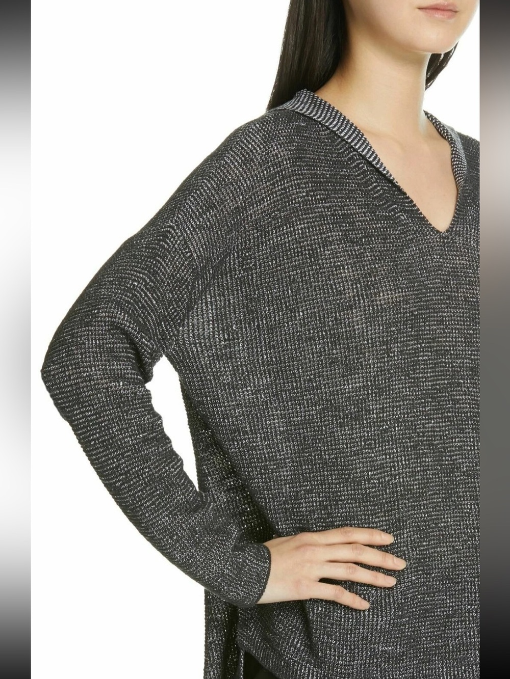 Eileen Fisher Organic Linen Cotton Slub Pullover Hooded Charcoal Black L Large